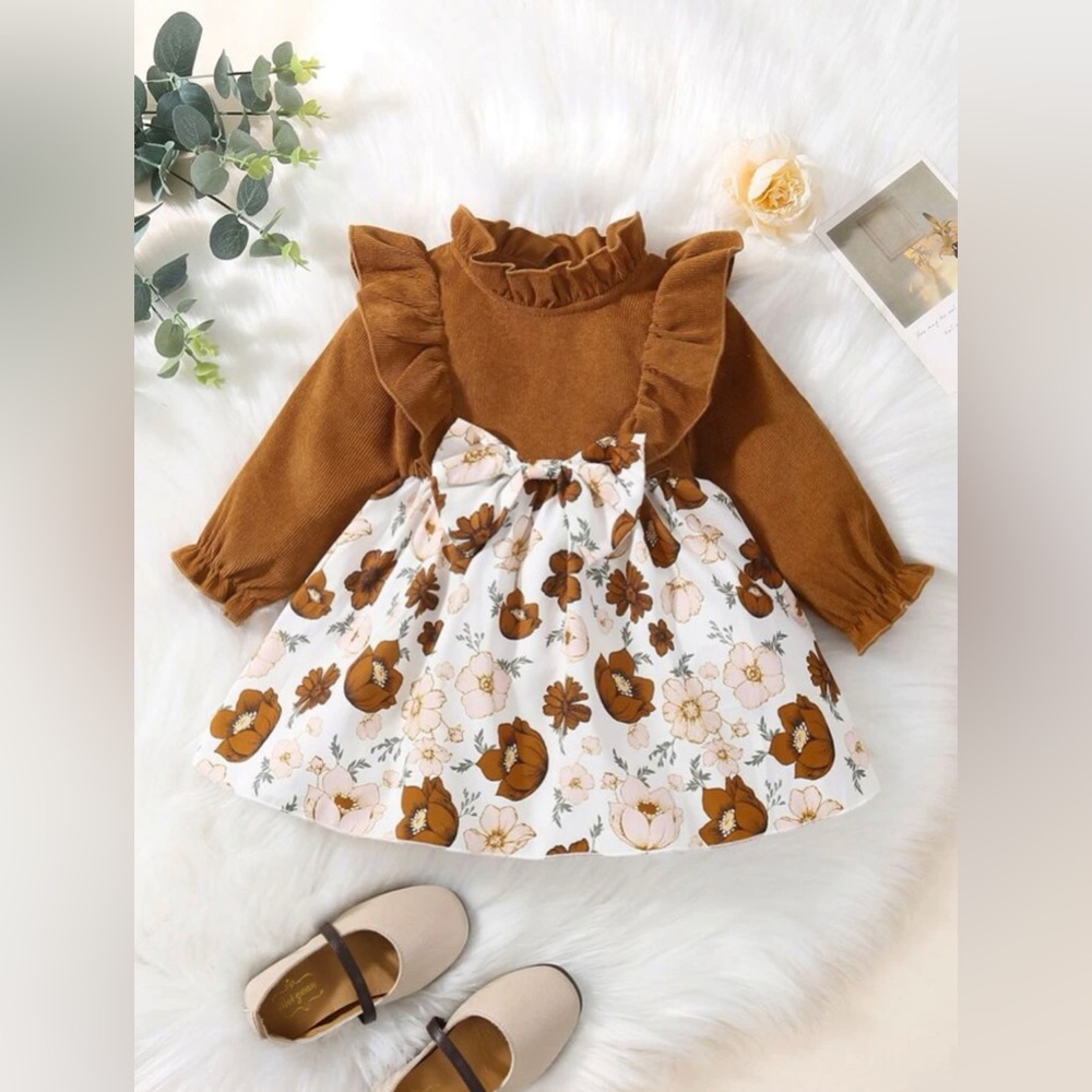 Baby Ruffle Neck Bow Floral Print Dress
